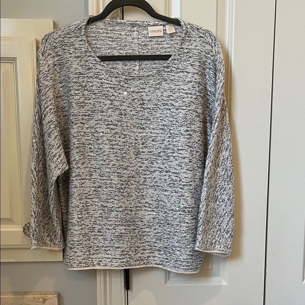 Chico's Sparkling Black and White Crew Neck Sweater